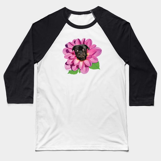 Cute Pug Dog Flower Baseball T-Shirt by dinokate